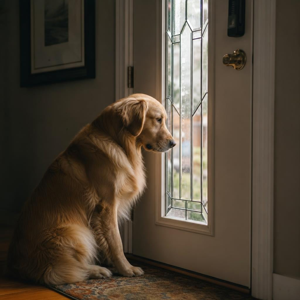 Dog waiting alone at door for owner