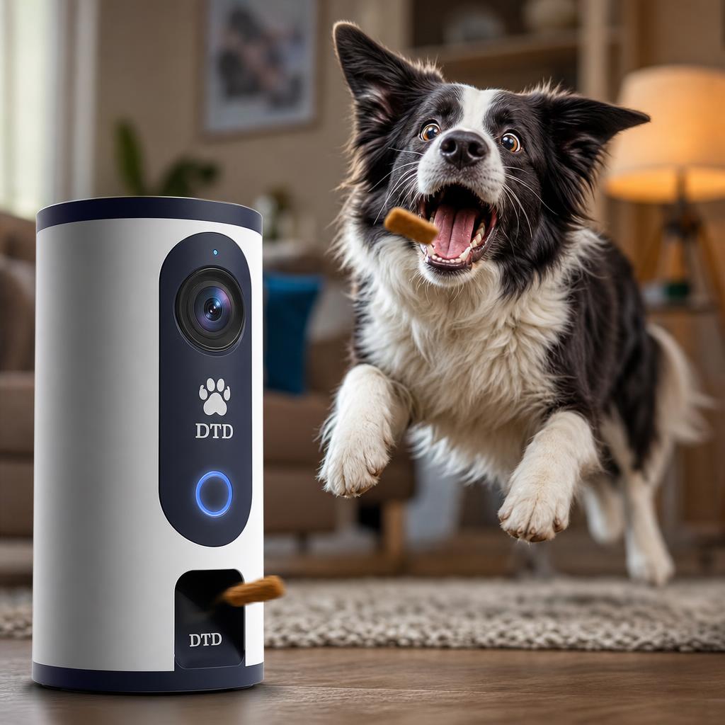 Dog catching treat from DTD device