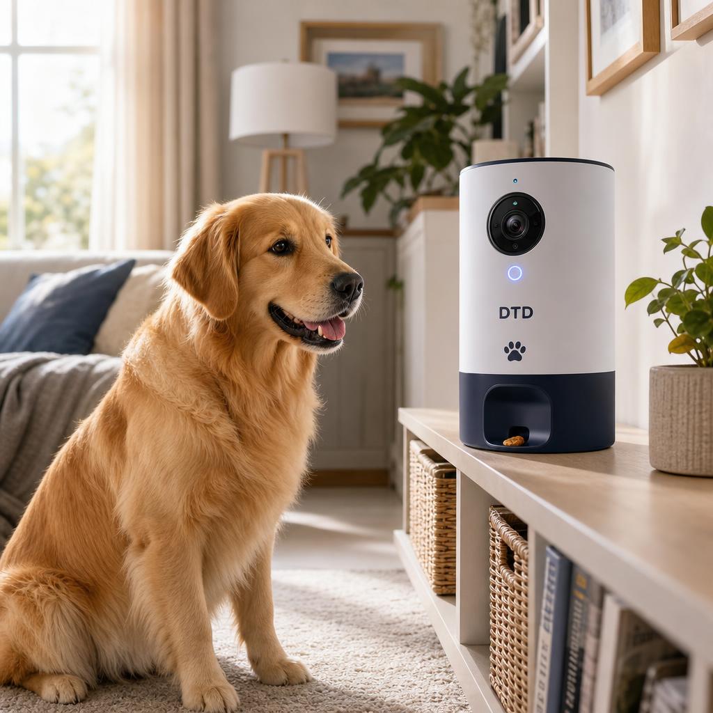 Golden retriever sitting beside the DTD True View pet camera